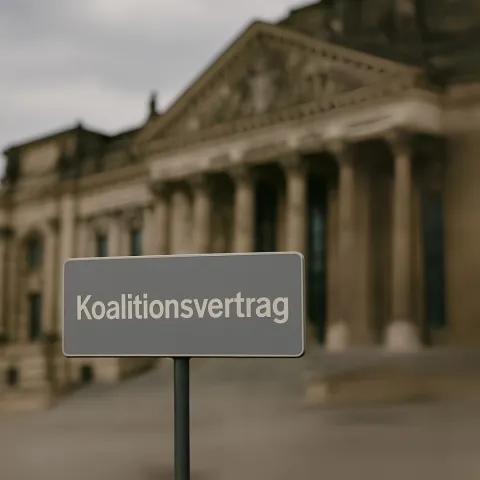 Eine Schild mit der Aufschrift "Koalitionsvertrag 2025" und im Hintergrund das Parlamentsgebäude