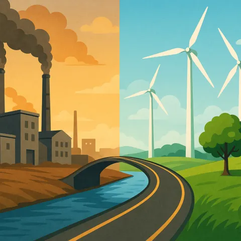 zweigeteilte Landschaft – links ein Industriegebiet & rechts grüne Energie